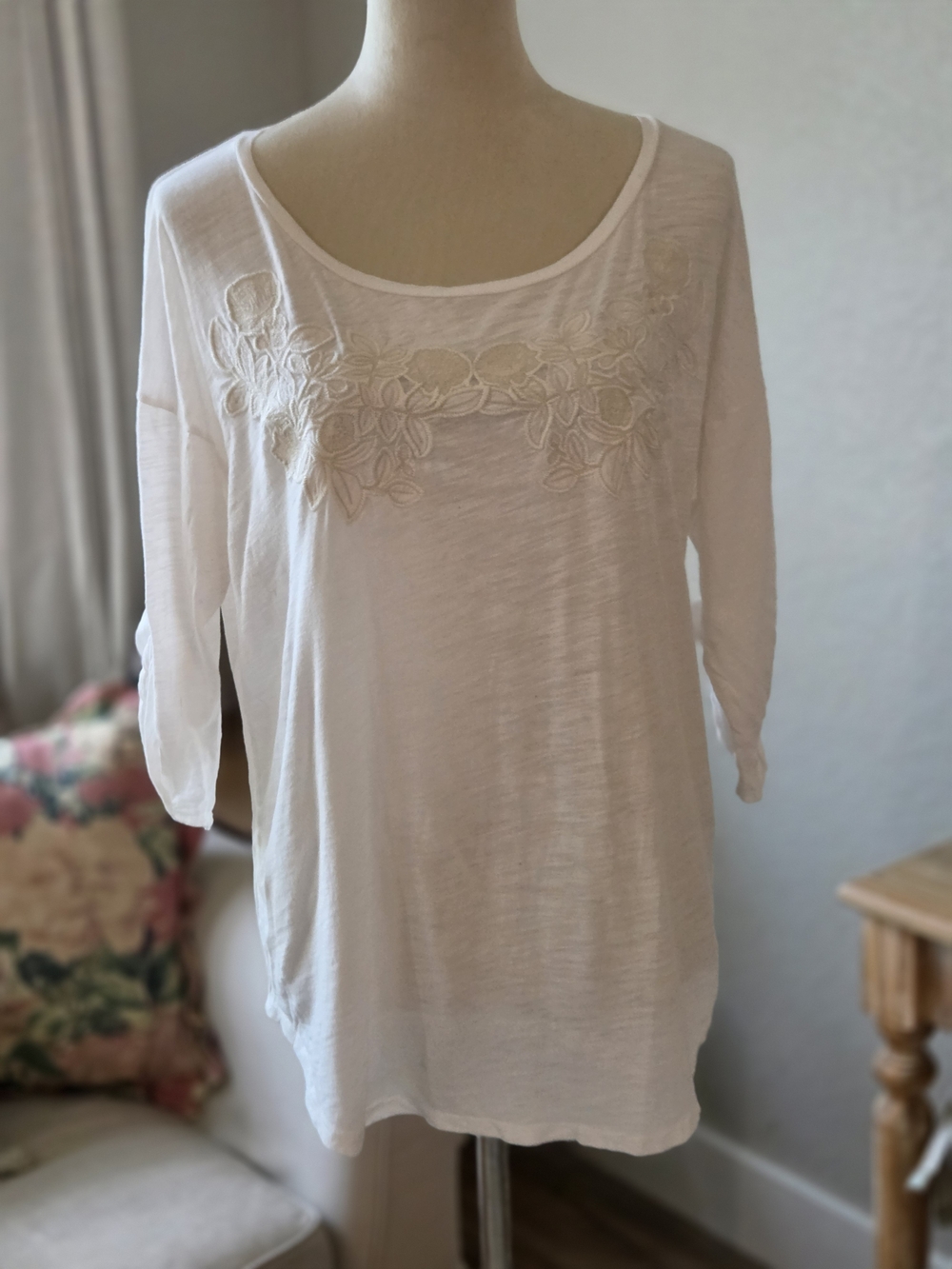 J. Crew Cream Scoop Neck Tunic with Floral Appliqué